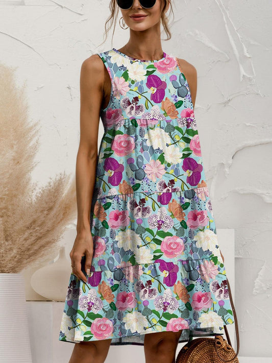 Printed Sleeveless Tiered Dress - Olive Ave
