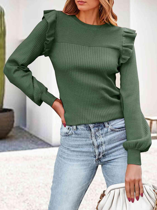 Ribbed Ruffled Knit-Top - Olive Ave