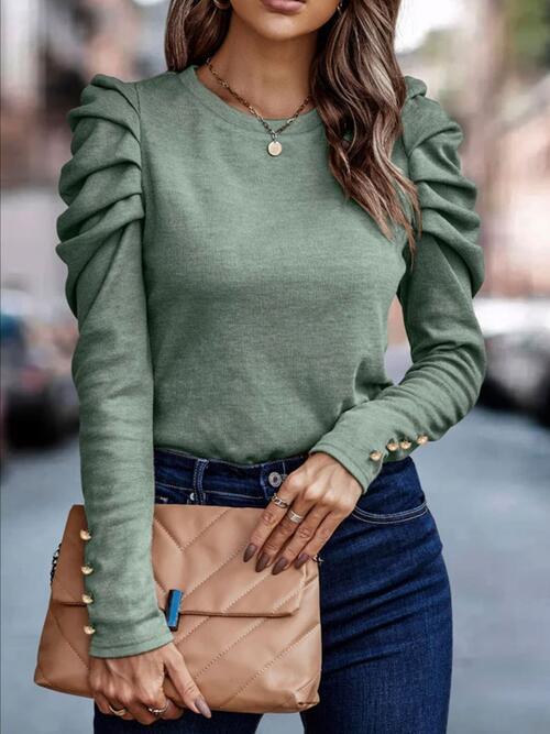 Ruched Button Long Sleeve Blouse in 3 Colors - Olive Ave
