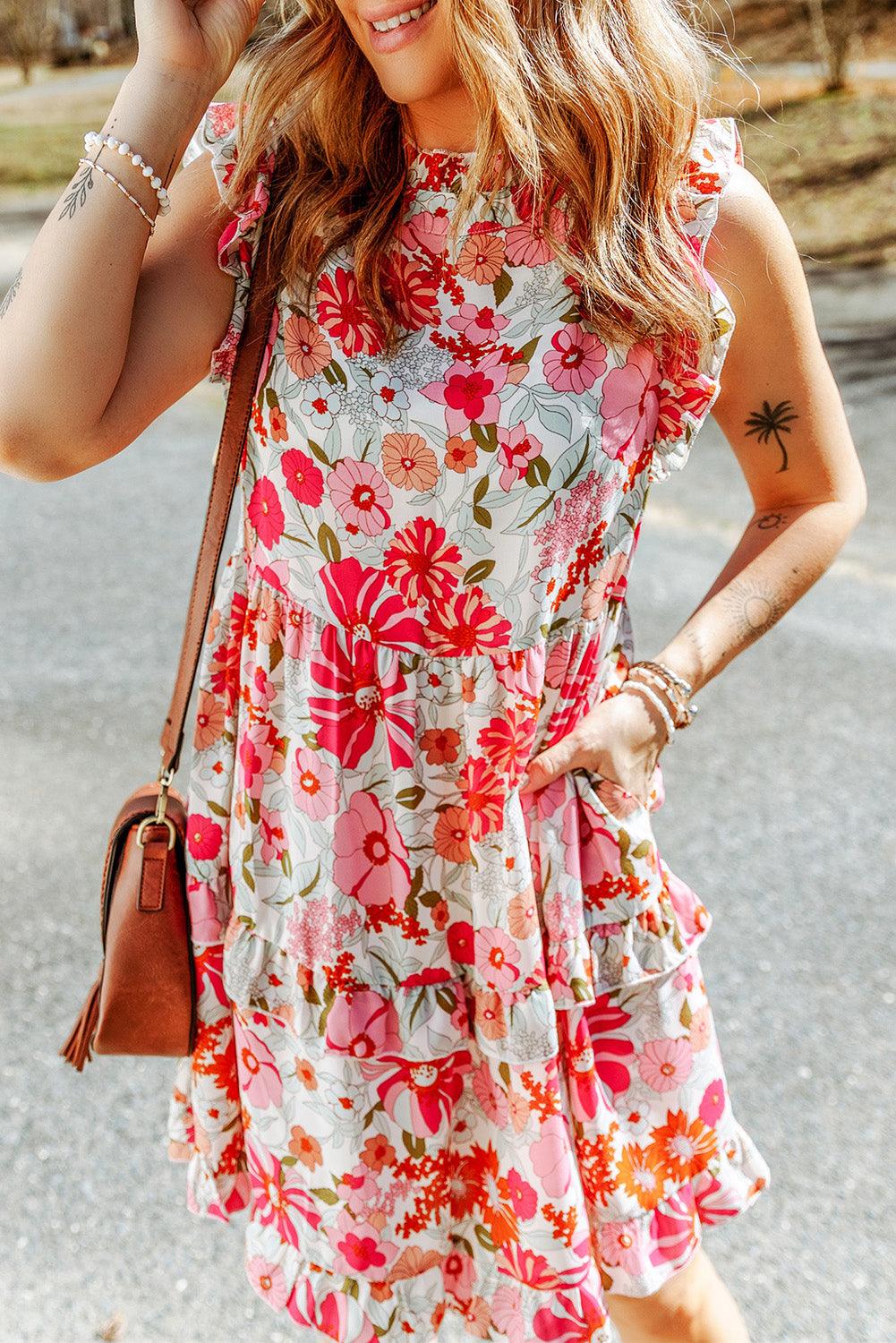 Ruffled Printed Mock Neck Dress - Olive Ave