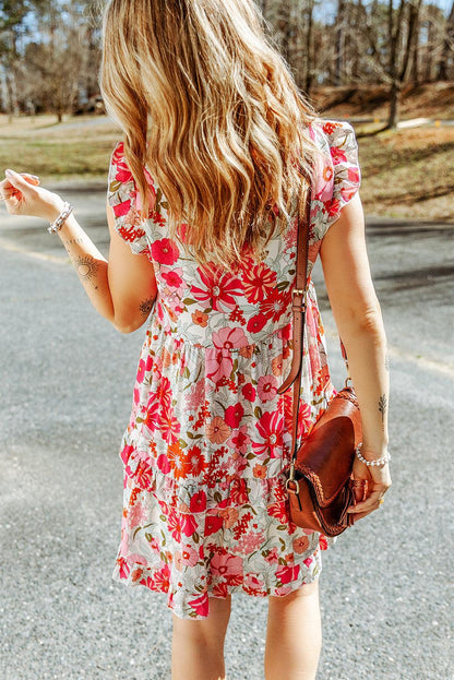 Ruffled Printed Mock Neck Dress - Olive Ave