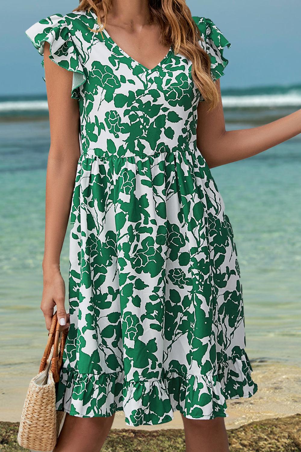 Ruffled Printed V-Neck Dress - Olive Ave