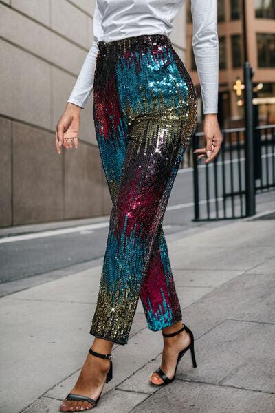 Sequin Contrast High Waist Pants - Olive Ave