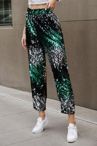 Sequin Contrast High Waist Pants - Olive Ave