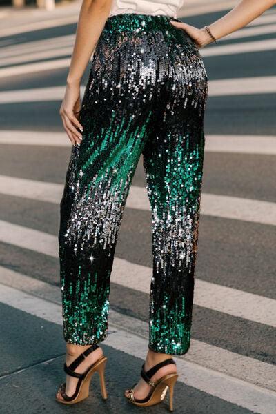 Sequin Contrast High Waist Pants - Olive Ave