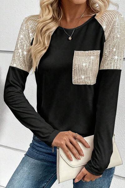 Sequin Pocketed Long Sleeve Top - Olive Ave