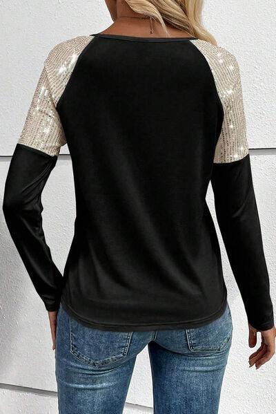 Sequin Pocketed Long Sleeve Top - Olive Ave