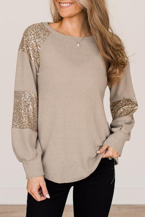 Sequin Sleeve Long Sleeve T-Shirt - Olive Ave