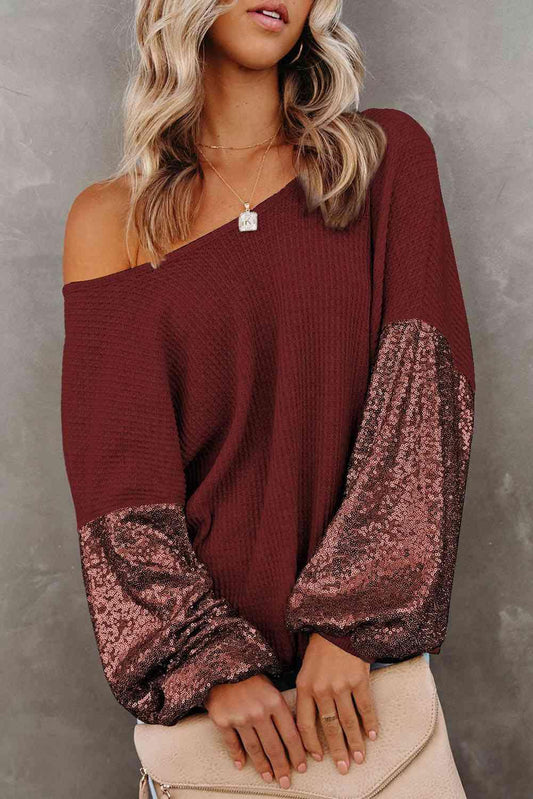 Sequin Waffle-Knit Blouse in 5 Colors - Olive Ave