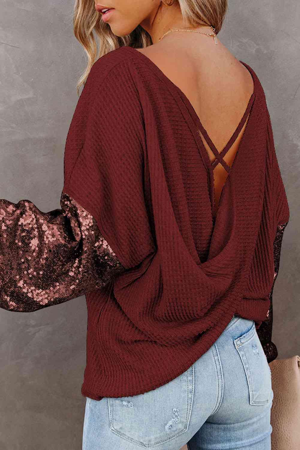 Sequin Waffle-Knit Blouse in 5 Colors - Olive Ave