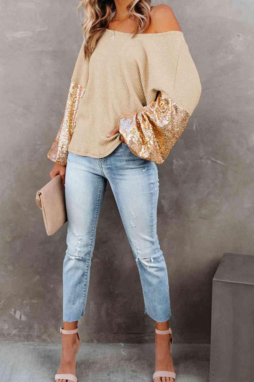 Sequin Waffle-Knit Blouse in 5 Colors - Olive Ave