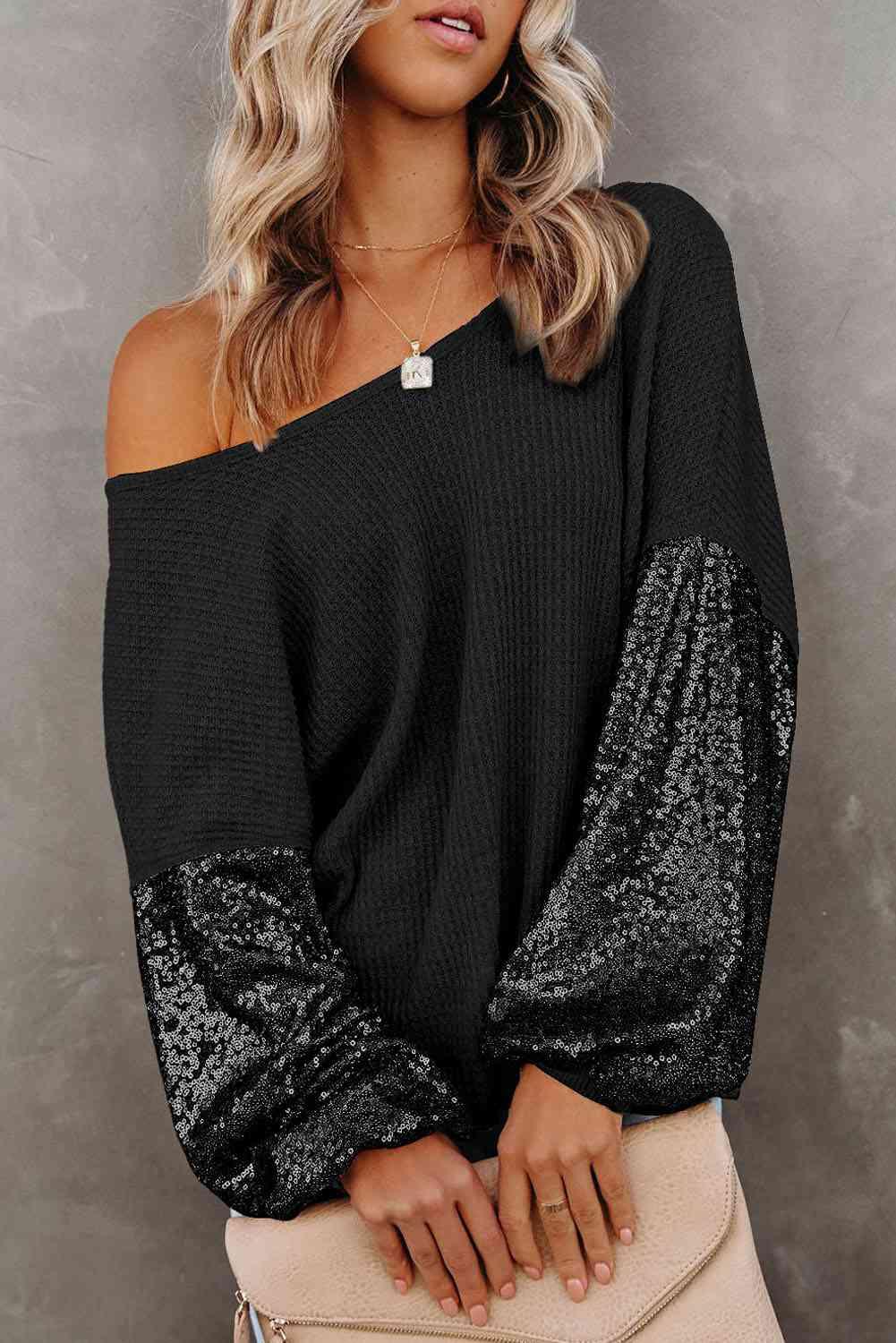 Sequin Waffle-Knit Blouse in 5 Colors - Olive Ave