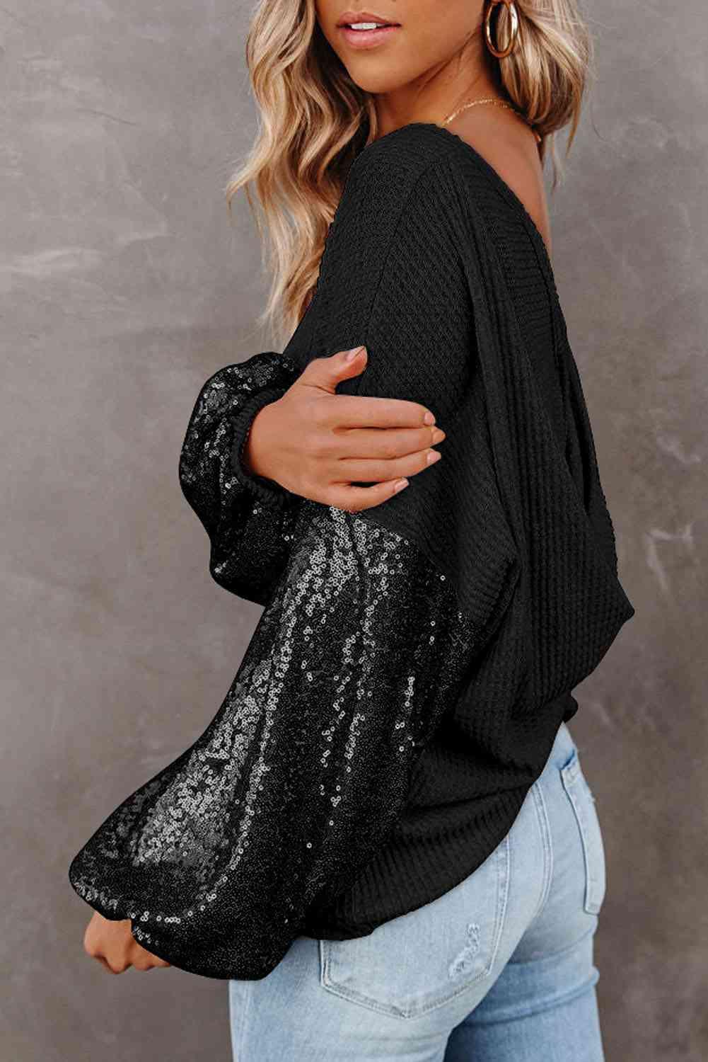 Sequin Waffle-Knit Blouse in 5 Colors - Olive Ave