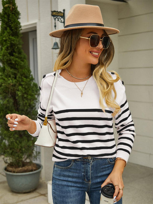 Shoulder Button Striped Pullover Sweater - Olive Ave