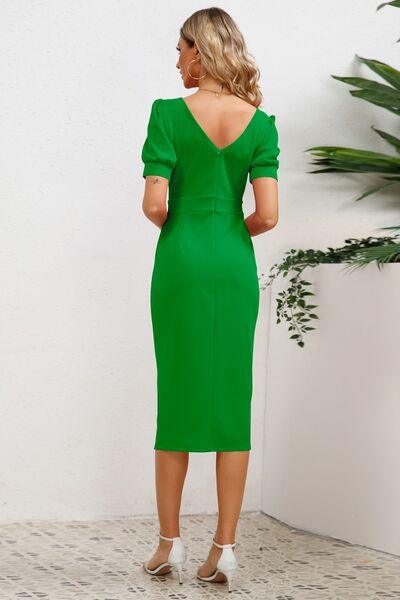 Slit Ruffled Puff Sleeve Midi Dress in 4 Colors - Olive Ave