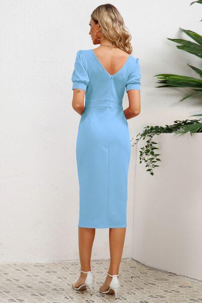Slit Ruffled Puff Sleeve Midi Dress in 4 Colors - Olive Ave