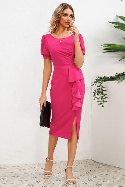 Slit Ruffled Puff Sleeve Midi Dress in 4 Colors - Olive Ave