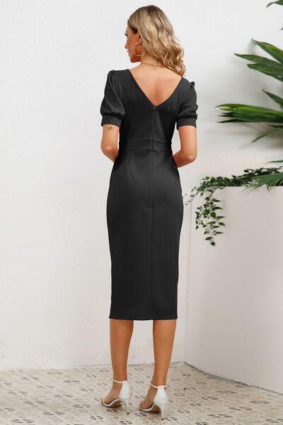 Slit Ruffled Puff Sleeve Midi Dress in 4 Colors - Olive Ave