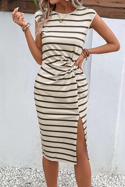 Slit Striped Cap Sleeve Dress - Olive Ave