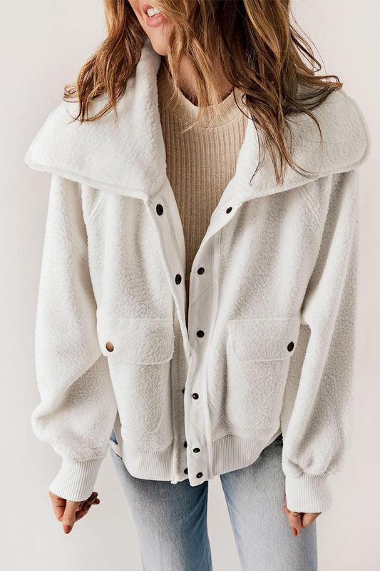 Snap Down Collared Fuzzy Jacket - Olive Ave