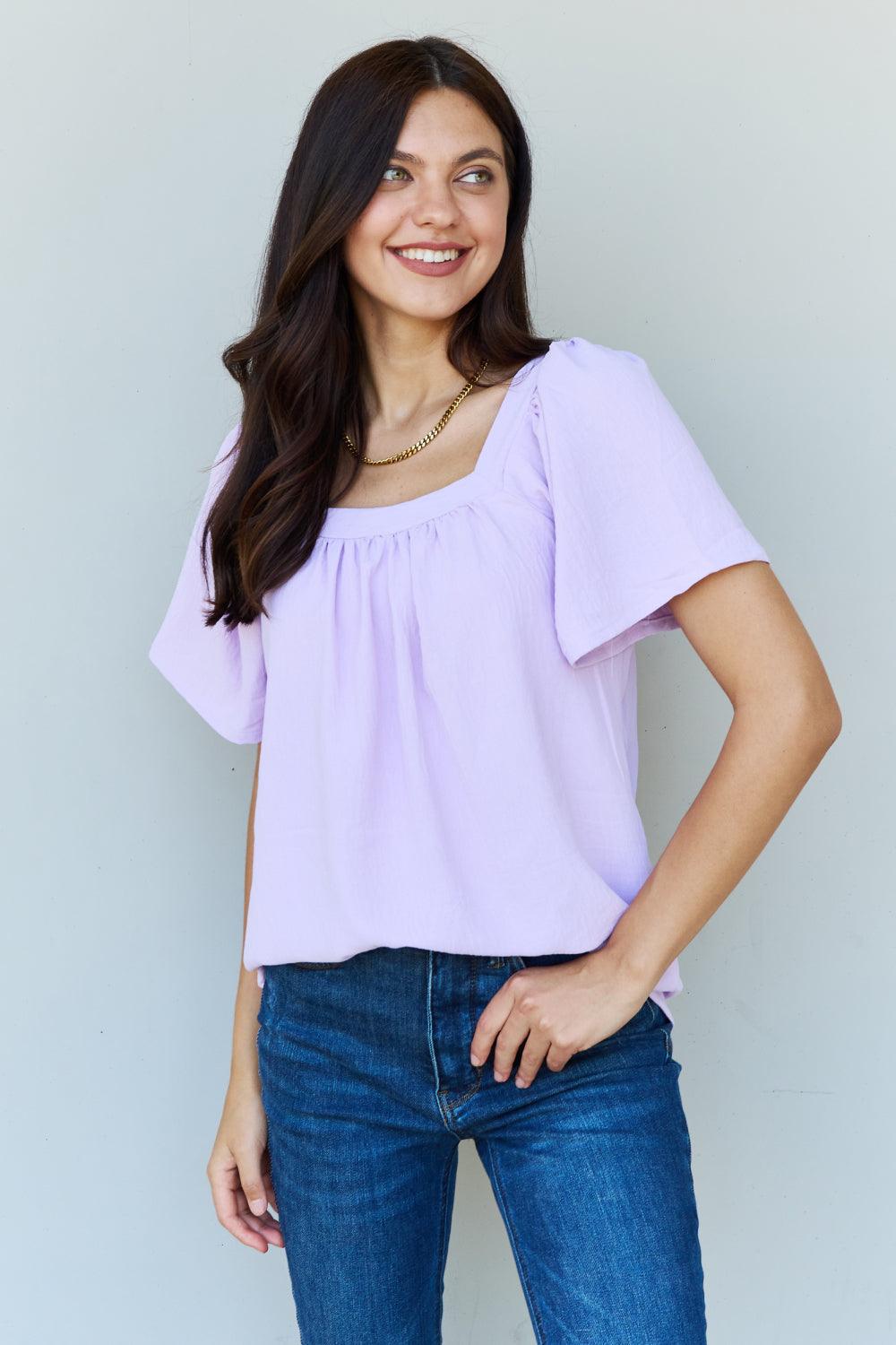 Square Neck Short Sleeve Blouse in Lavender - Olive Ave