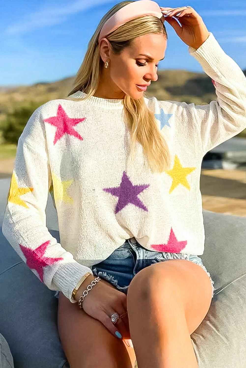 Star Pattern Dropped Shoulder Sweater - Olive Ave