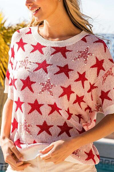 Star Pattern Short Sleeve Knit Top - Olive Ave