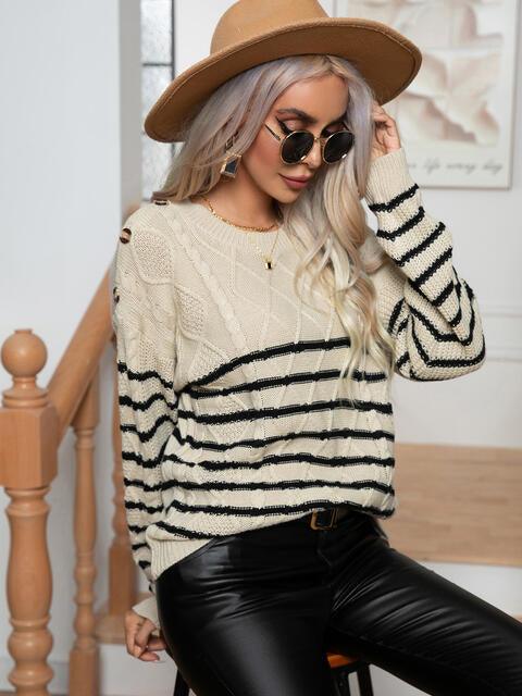 Striped Cable-Knit Sweater - Olive Ave