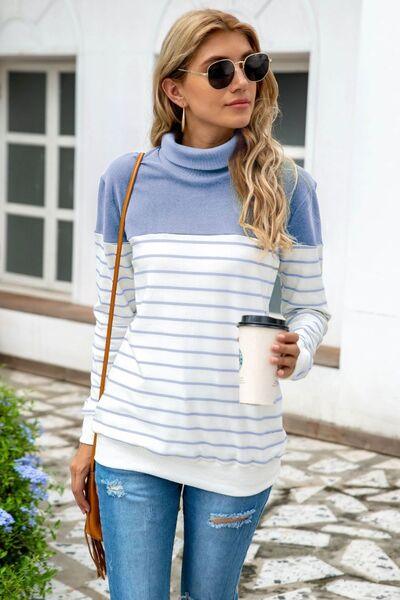 Striped Contrast Turtleneck Sweater in 5 Colors - Olive Ave