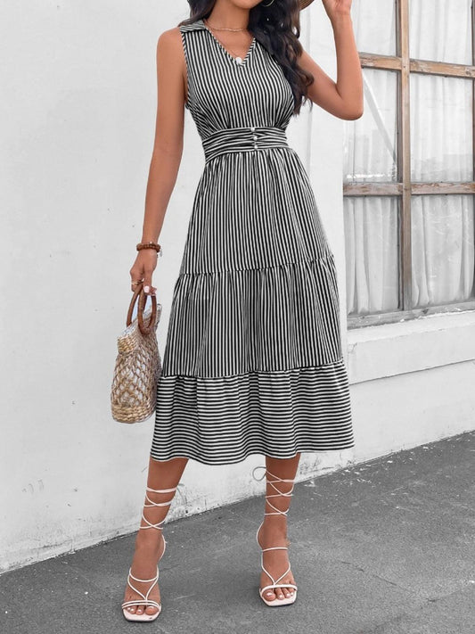 Striped Johnny Collar Sleeveless Midi Dress in 7 Colors - Olive Ave