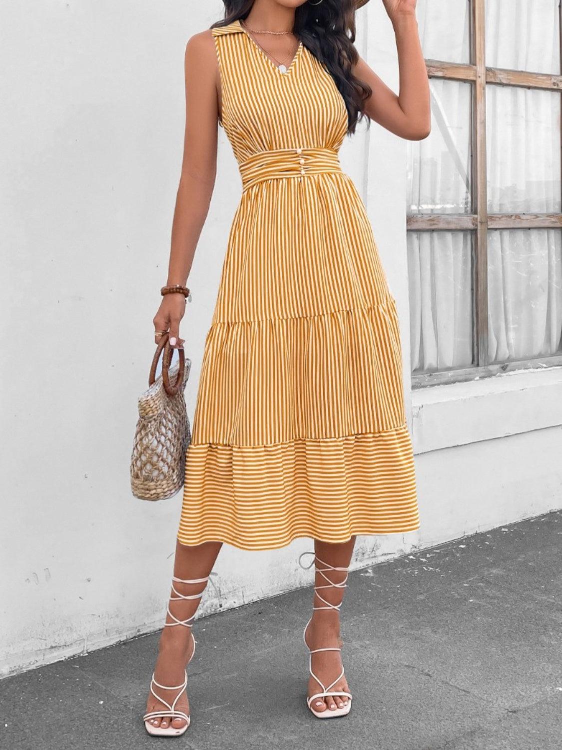 Striped Johnny Collar Sleeveless Midi Dress in 7 Colors - Olive Ave