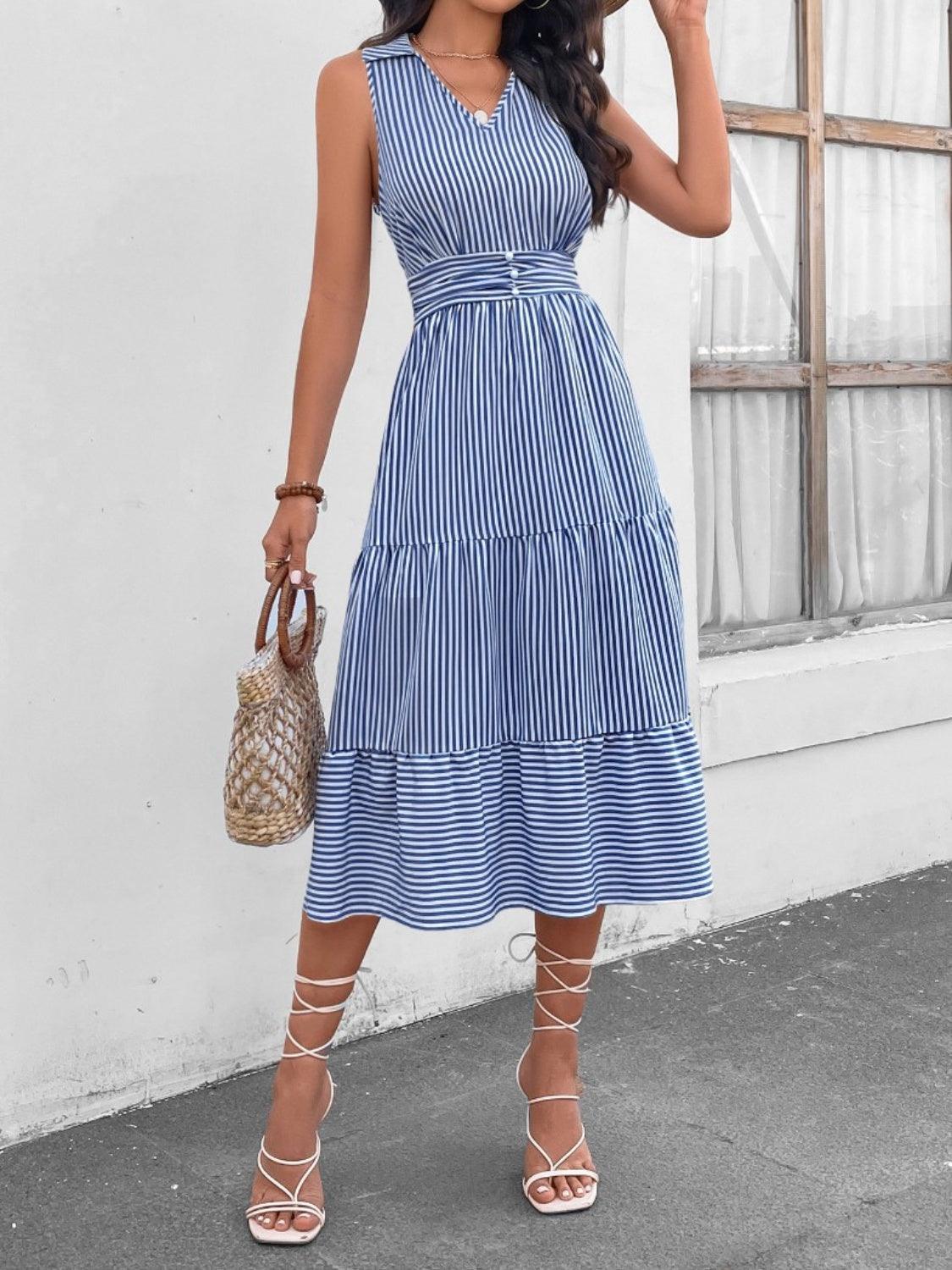 Striped Johnny Collar Sleeveless Midi Dress in 7 Colors - Olive Ave