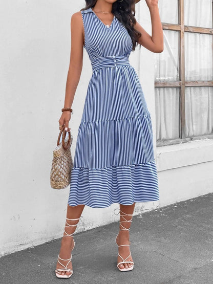 Striped Johnny Collar Sleeveless Midi Dress in 7 Colors - Olive Ave