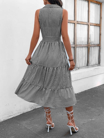 Striped Johnny Collar Sleeveless Midi Dress in 7 Colors - Olive Ave