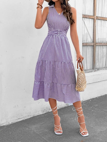 Striped Johnny Collar Sleeveless Midi Dress in 7 Colors - Olive Ave