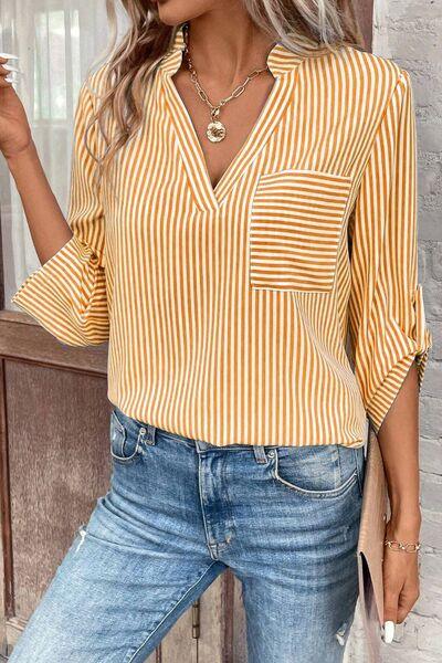 Striped Notched Roll-Tab Sleeve Shirt in 5 Colors - Olive Ave