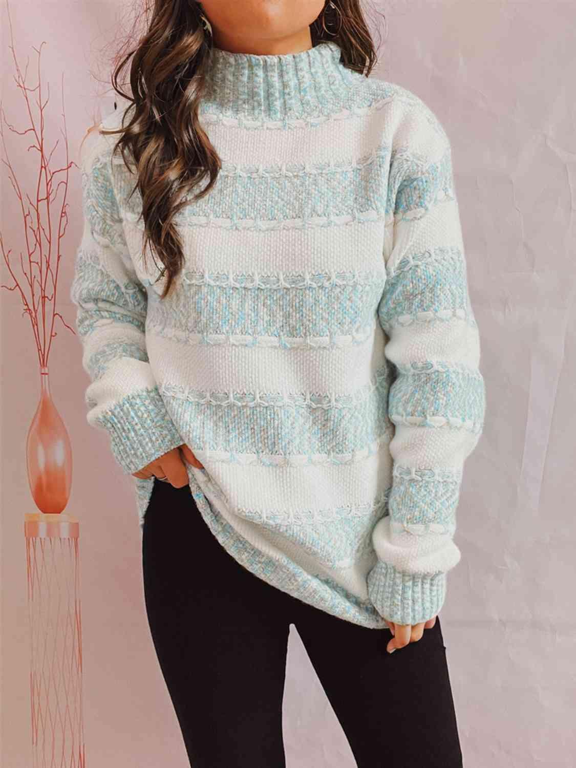 Striped Turtleneck Long Sleeve Sweater - Olive Ave