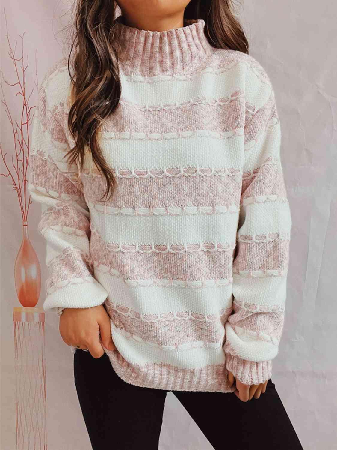 Striped Turtleneck Long Sleeve Sweater - Olive Ave