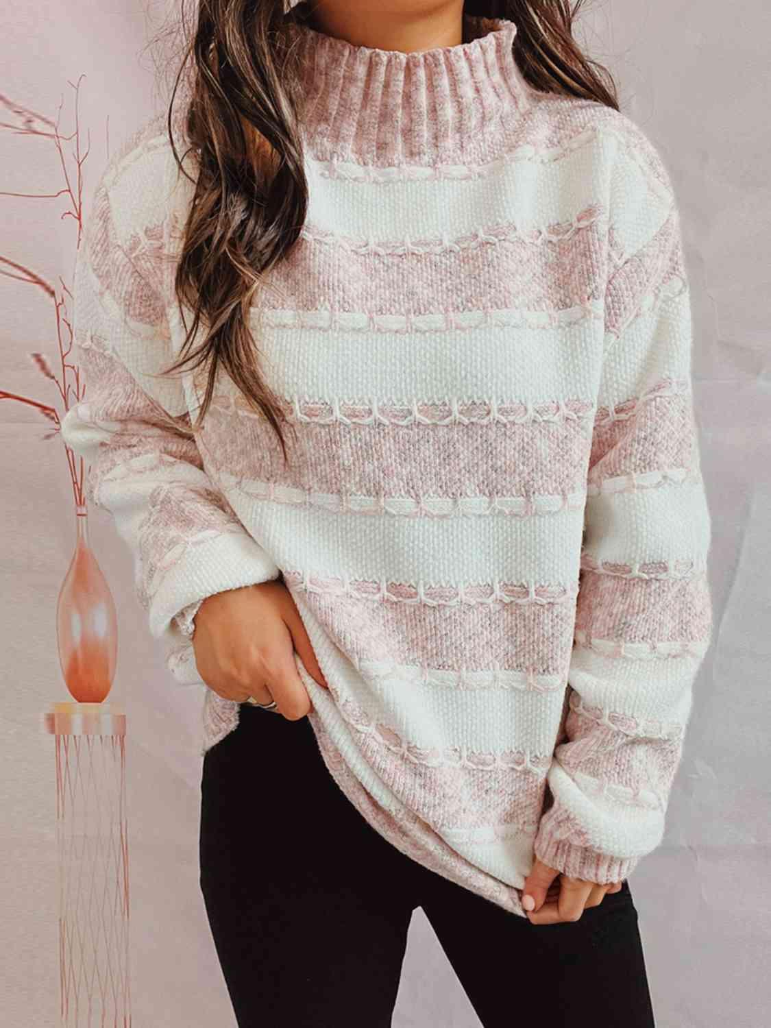 Striped Turtleneck Long Sleeve Sweater - Olive Ave