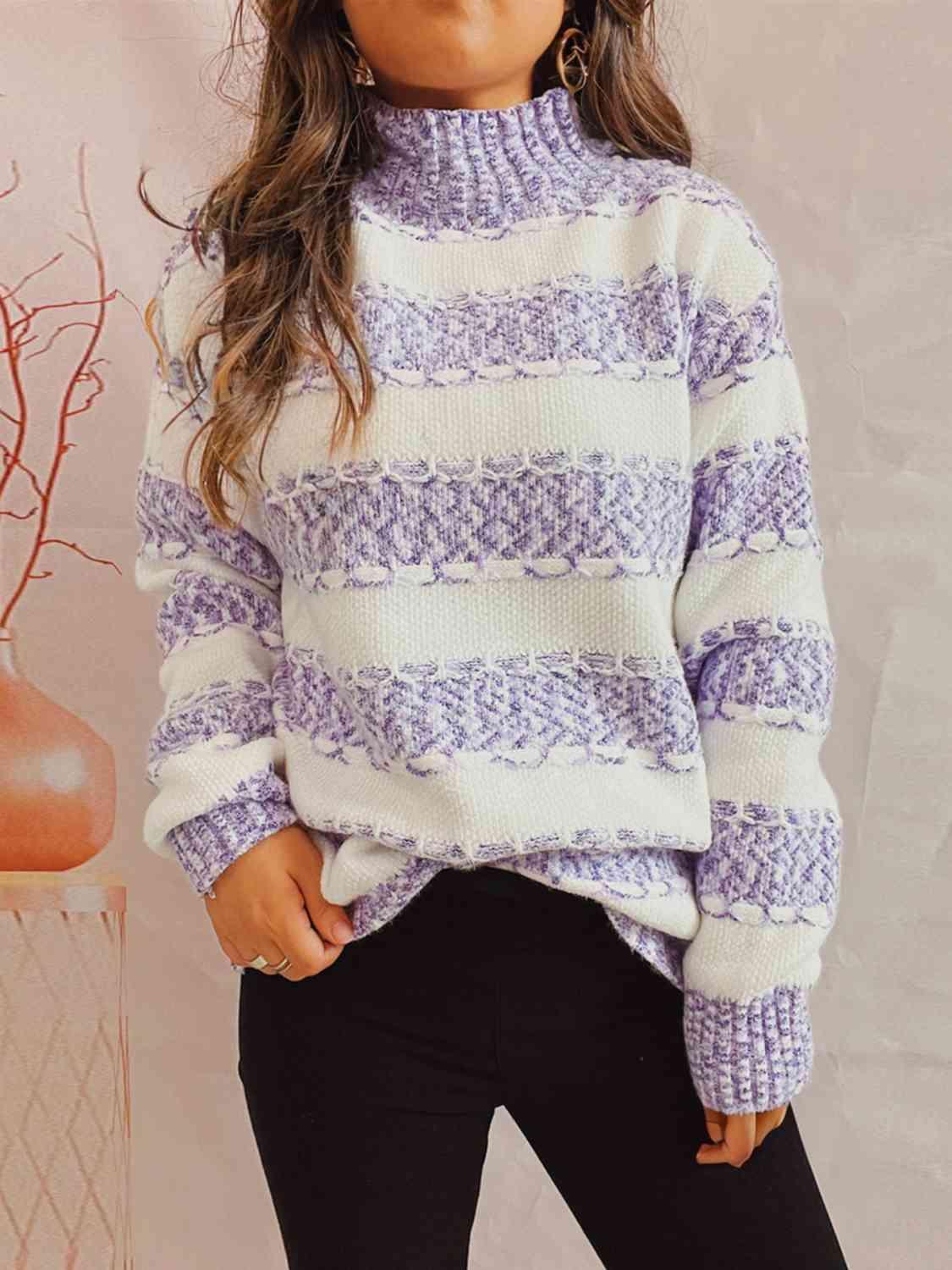 Striped Turtleneck Long Sleeve Sweater - Olive Ave