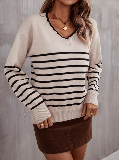 Striped V-Neck Drop Shoulder Sweater - Olive Ave