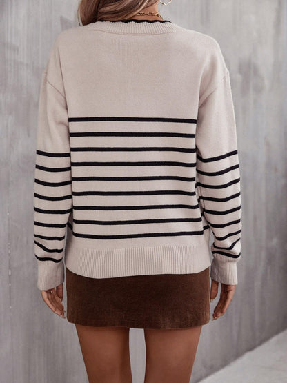 Striped V-Neck Drop Shoulder Sweater - Olive Ave