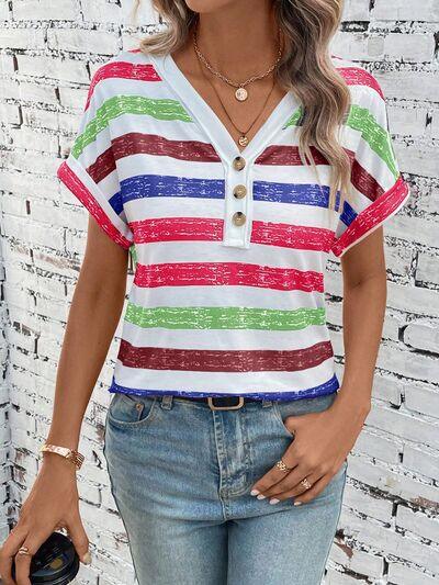 Striped V-Neck Short Sleeve Top in 2 Colors - Olive Ave