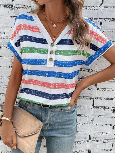 Striped V-Neck Short Sleeve Top in 2 Colors - Olive Ave