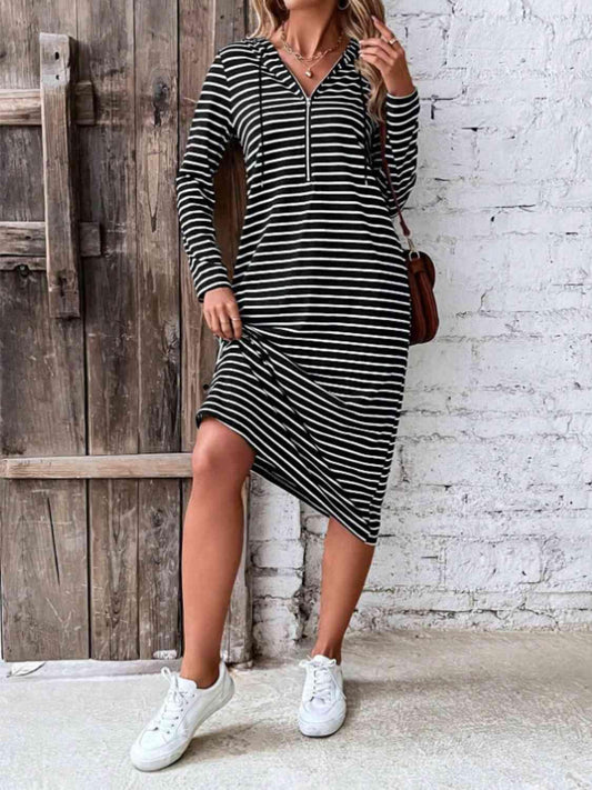 Striped Zip Front Hooded Dress - Olive Ave