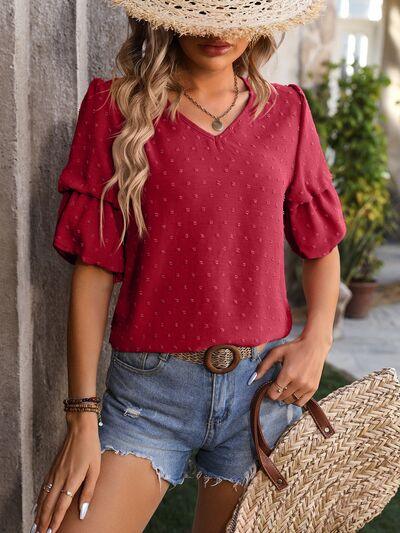 Swiss Dot V-Neck Blouse - Olive Ave