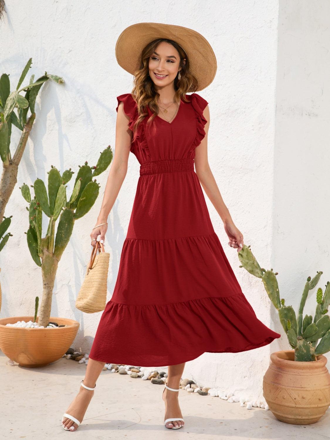 Tiered Ruffled V-Neck Dress in 5 Colors - Olive Ave