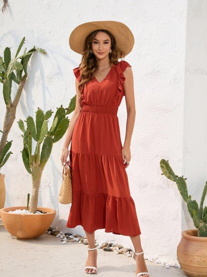Tiered Ruffled V-Neck Dress in 5 Colors - Olive Ave