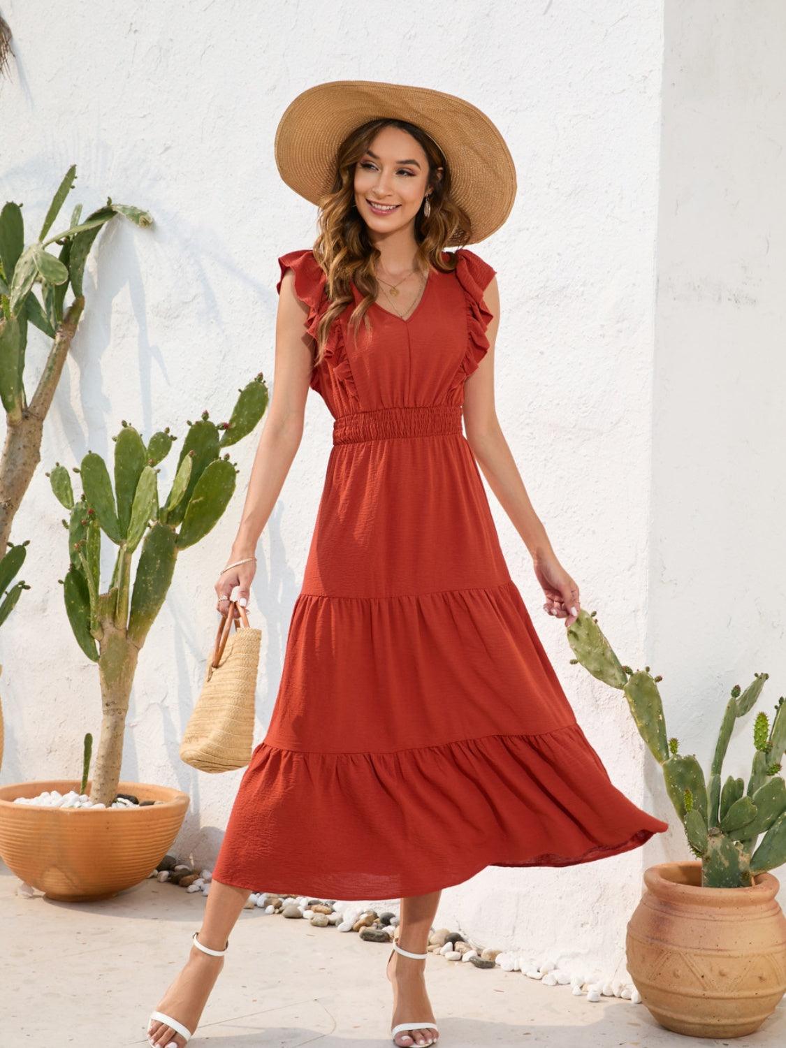 Tiered Ruffled V-Neck Dress in 5 Colors - Olive Ave