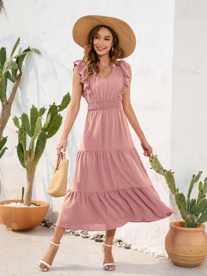 Tiered Ruffled V-Neck Dress in 5 Colors - Olive Ave